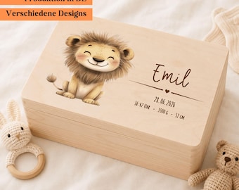 Personalisierte Baby Erinnerungskiste aus Holz, Memory Box mit Name, Baby Andenken Kiste mit Löwenmotiv, Geschenk zur Geburt, Geschenk Taufe