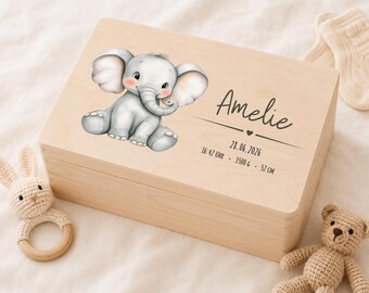Personalisierte Baby Erinnerungskiste aus Holz, Memory Box mit Name, Baby Andenken Kiste mit Elefant, Geschenk zur Geburt, Geschenk Taufe