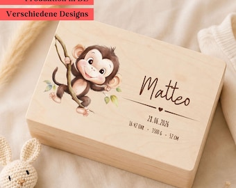Personalisierte Baby Erinnerungskiste aus Holz, Memory Box mit Name, Baby Andenken Kiste mit Affenmotiv, Geschenk zur Geburt, Geschenk Taufe