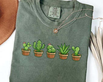T-Shirt with Cute Cactus Flower Pots, Plant Lover Shirt, Gardening Botanical Graphic Tee, Gift for Plant Mom, gardeners, 100% cotton Shirt