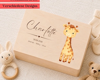 Personalisierte Baby Erinnerungskiste aus Holz, Memory Box mit Name, Baby Andenken Kiste mit Tiermotiv, Geschenk zur Geburt, Geschenk Taufe