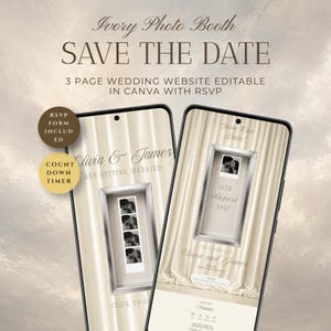 Könnte beinhalten: Zwei Smartphones zeigen eine Hochzeits-Website-Vorlage im Elfenbein-Design mit dem Titel Ivory Photo Booth SAVE THE DATE. Die Bildschirme zeigen eine Fotostreifen-Grafik, elegante Typografie und Text wie Olivia & James, 12th August 2027 und RSVP form included. Der Hintergrund ist eine weiche, drapierte Stofftextur.