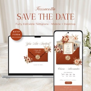 Może przedstawiać: Cyfrowy szablon "Save the Date" wyświetlany na ekranie laptopa i smartfona. Projekt zawiera kopertę w kolorze terakoty z woskową pieczęcią, kwiatowe akcenty oraz tekst "Save the Date", "You Are Invited" oraz "Olivia & Alexander".