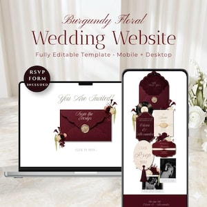 Peut inclure: Un modèle de site web de mariage floral bordeaux affiché sur un écran d'ordinateur portable et de smartphone. Le design présente une enveloppe bordeaux avec un sceau de cire, des motifs floraux et le texte "You Are Invited" et "RSVP Form Included".