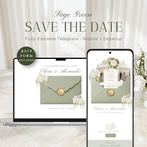 Może przedstawiać: Szablon zaproszenia ślubnego "Save the Date" w kolorze szałwii, wyświetlany na laptopie i smartfonie. Projekt zawiera kopertę ze złotą pieczęcią, kwiatowe akcenty oraz imiona "Olivia & Alexander".