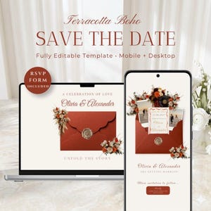 May include: A digital Save the Date template displayed on a laptop and smartphone screen. The design features a terracotta-coloured envelope with a wax seal, dried floral arrangements, and the text Olivia & Alexander, A Celebration of Love.