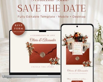 Terracotta Boho  Digital Save The Date Template, Rustic Wedding Website With RSVP & Song, Digital Download