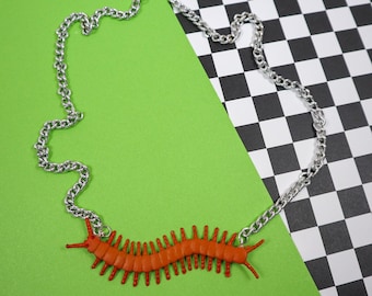 Orange Rubber Centipede Bug Toy Necklace, Handmade Upcycled From Thrifted Pieces