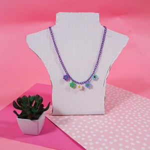 Handmade Perler Bead Flower Necklace: Purple Chain, Nostalgic Jewelry