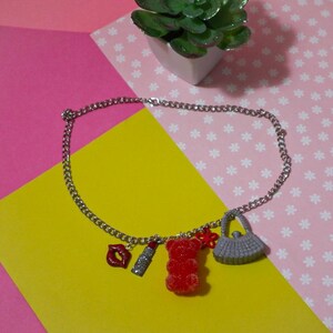 Handmade Red and Silver Charm Necklace w/ 5 Kitschy & Colorful Trinkets Inspired By The 1980s