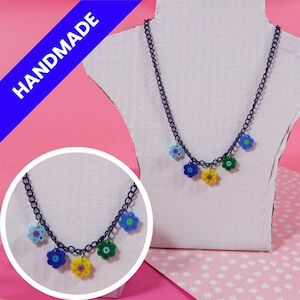 Handmade Navy Blue Perler Bead Flower Necklace: Kidcore Nostalgia