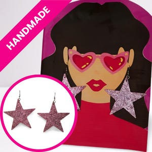 Handmade Pink Glitter Star Earrings, Oversized Large Statement, Glow in the Dark and Lightweight, 1990s Y2k Kidcore Upcycled
