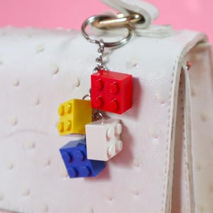 Colorful Lego Brick Small Upcycled Handmade Bag Charm Keychain with Silver Hardware, Children&#39;s Kid Toy