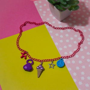 Handmade Pink Charm Necklace w/ 5 Kitschy & Colorful Trinkets Inspired By The 1980s