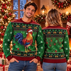 May include: A green long-sleeve knit sweater featuring a central graphic of a rooster wearing a Santa hat. The sweater has a dark red collar, cuffs, and hem, with a repeating pattern of holly leaves, red berries, and gold bells.