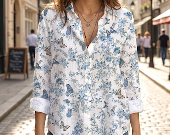 Blue Floral Butterfly Blouse Women, Vintage Botanical Long Sleeve Shirt, Cottagecore Boho Button Down Top, Casual Summer Linen Blouse