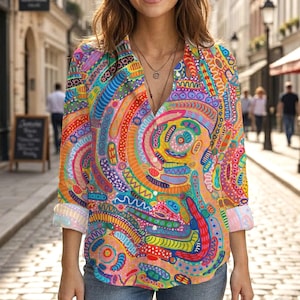 Op de afbeelding: Een overhemd met lange mouwen en knoopsluiting, voorzien van een levendig, veelkleurig abstract patroon met wervelende vormen, stippen en lijnen in tinten oranje, geel, blauw, roze, paars en groen, ontworpen met een V-hals en manchetten.