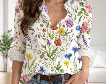 Wildflower Women Casual Shirt, Flower Pattern Button Shirt, Blouse For Floral Lover, Wild Flower Blouse