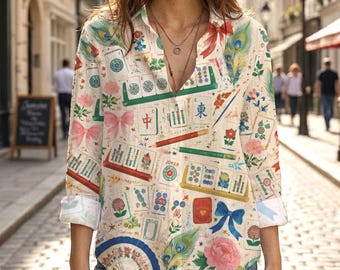 Mahjong Tiles Playing Cards Peacock Feather Print Blouse, Vintage Coquette Pink Ribbon Bow V Neck Long Sleeve Women Shirt Casual Top