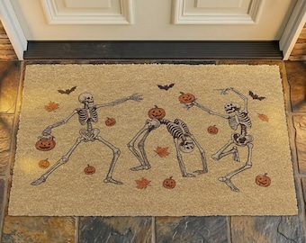 Dancing Skeleton Pumpkin Coir Doormat, Spooky Halloween Front Door Mat, Funny Dancing Skeleton Fall Welcome Mat, Spooky Season Porch Decor