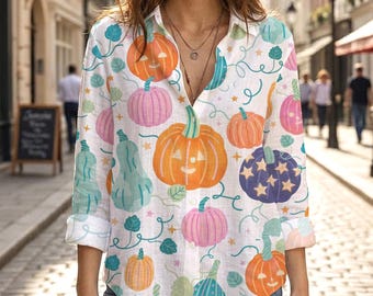 Cute Pastel Halloween Pumpkin Blouse, Colorful Jack O Lantern Button Down Shirt, Women Fall Autumn Long Sleeve Top, Spooky Season Outfit