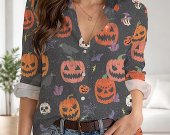 Halloween Pumpkin Shirt Women Spooky Skull Button Down Shirt Vintage Gothic Long Sleeve Blouse Dark Cottagecore Fall Top Halloween Gift