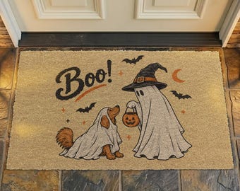 Boo Ghost Dog Coir Doormat, Cute Halloween Welcome Mat, Witch Hat Ghost and Ghost Costume Dog Doormat, Spooky Pumpkin Outdoor Rug