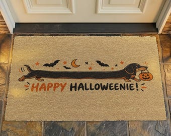 Happy Halloweenie Coir Doormat, Funny Dachshund Halloween Welcome Mat, Extra Long Wiener Dog Outdoor Mat, Cute Pumpkin Bat Entry Rug