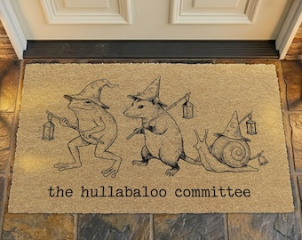 The Hullabaloo Committee Coir Doormat, Whimsical Wizard Frog Opossum Snail Mat, Cottagecore Goblin core Outdoor Welcome Mat, Halloween Decor