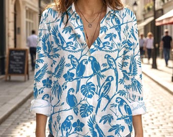 Blue Parrot Blouse, Tropical Bird Shirt Women, Blue and White Chinoiserie Button Down, Tropical Leaf Summer Tops, Coastal Vacation Blouse