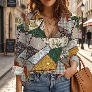 Vintage Patchwork Shirt Women, Boho Floral Button Up Blouse, Retro Paisley Top, Cottagecore Aesthetic Shirt, Unique Pattern Summer Shirt