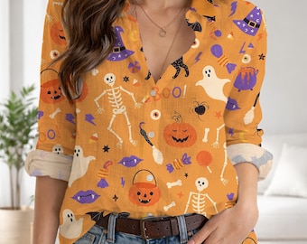 Cute Halloween Blouse for Women, Vintage Spooky Skeleton Ghost Pumpkin Button Down Shirt, Orange Fall V Neck Long Sleeve Top, Witchy Outfit