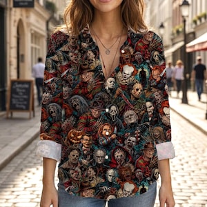 May include: A long-sleeve button-down shirt featuring an all-over print of various horror movie characters, including figures with masks, sharp blades, and menacing expressions, rendered in a dark color palette with red, blue, and green accents.