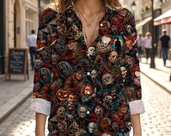 Horrorr Movie Shirt, Halloween Button Down Shirt, Vintage Killers Characters Pattern Blouse,Spooky Season Long Sleeve Top, Creepy Movie Gift