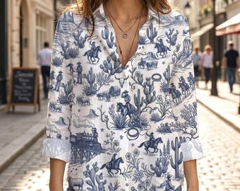 Western Toile De Jouy Blouse, Vintage Cowboy Cactus,Country Western Women Button Down Shirt,Blue White Desert Steam Train Long Sleeve Blouse