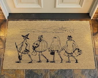 Vintage Halloween Coir Doormat Skeleton Trick or Treat Mat Spooky Witch Ghost Pumpkin Door Mat Retro Fall Outdoor Welcome Rug