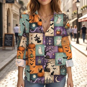 May include: A long-sleeve button-down shirt featuring a patchwork pattern of Halloween-themed illustrations including ghosts, pumpkins, black cats, witches, bats, spiderwebs, cauldrons, and crystal balls in shades of orange, purple, and cream.