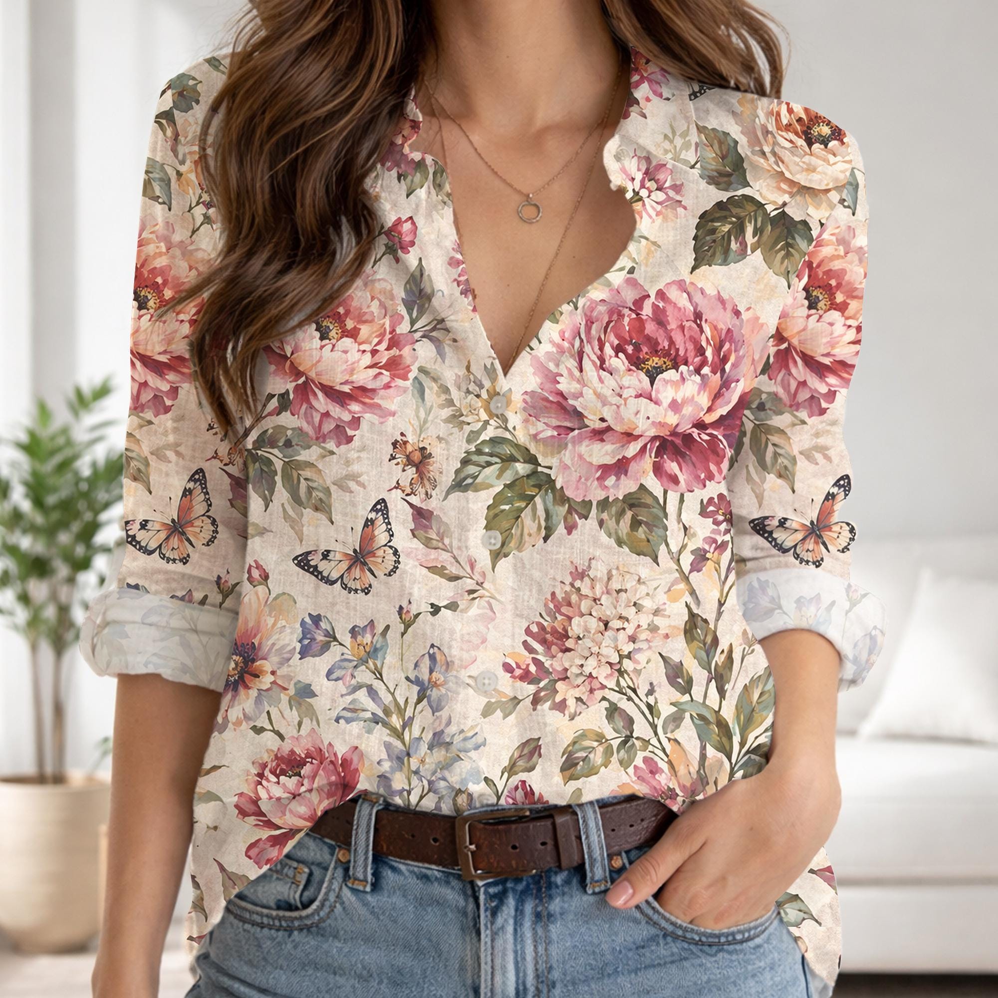 heve／PEONY PEPLUM BLOUSE Jerzey Floral Peplum Blouse in Ecru