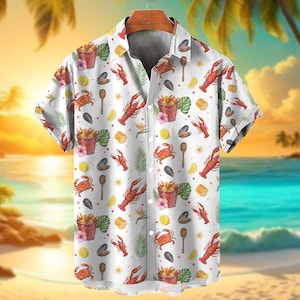 Camisa hawaiana para fiesta de mariscos cajún, camisa divertida de verano para la playa, estampado de cangrejos y maíz, camisa tropical con botones para vacaciones.