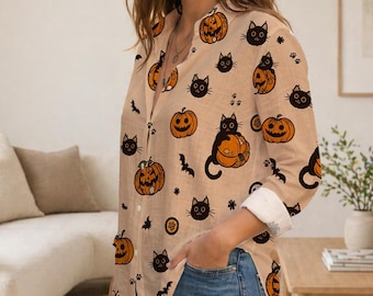 Cute Pumpkin Black Cat Halloween Shirt, Halloween Long Sleeve Blouse, Spooky Season Button Down Shirt, Fall Autumn Woman Shirt