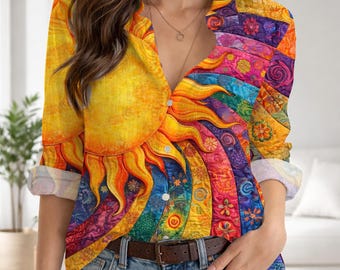 Colorful Sun Art Women Casual Shirt, Boho Sun Print Blouse, Vibrant Artistic Button Up Shirt, Sunshine Rainbow Patchwork Top, Gift for Her