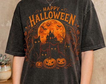 Vintage Happy Halloween Shirt, Black Cat Pumpkin Haunted House Comfort Colors T-Shirt, Spooky Season Hoodie, Halloween Cat Lover Sweatshirt