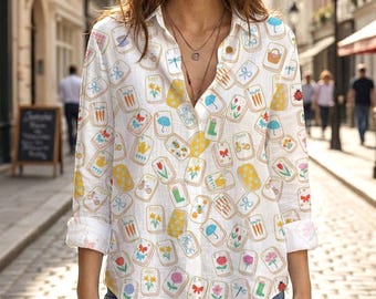 Vintage Garden Tile Print Blouse, Cute Floral Card Pattern Shirt, Retro Mahjong Tile V Neck Top, Casual Long Sleeve Women Button Up Shirt