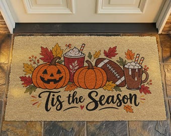 Tis The Season Coir Doormat, Fall Pumpkin Autumn Leaves Welcome Mat, Football Pumpkin Spice Outdoor Mat, Halloween Thanksgiving Entry Rug