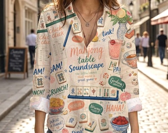 Mahjong Player Blouse, Vintage Game Graphic Shirt, Cute Game Night Top, Aesthetic Collared Long Sleeve Blouse,Fun Mahjong Tile Pattern Shirt