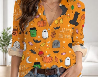 Cute Halloween Pattern Blouse, Spooky Pumpkin Ghost Witch Hat Button Down Shirt, Frankenstein Mummy Long Sleeve Orange Halloween Top