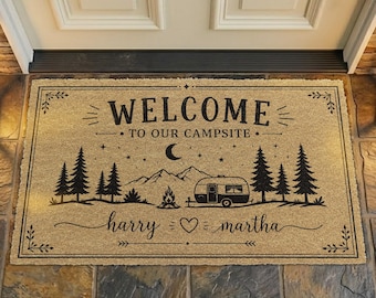 Personalized Camping Coir Doormat Welcome To Our Campsite Camper Outdoor Rug Custom Name Pine Trees Night Sky Camping Decor Gift