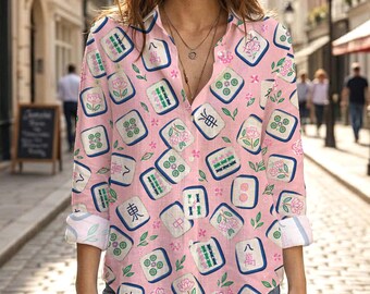 Mahjong Pattern Pink Blouse, Vintage Mahjong Tile Shirt, Floral Long Sleeve V Neck Top, Cute Asian Game Print Button Up Casual Women Clothes