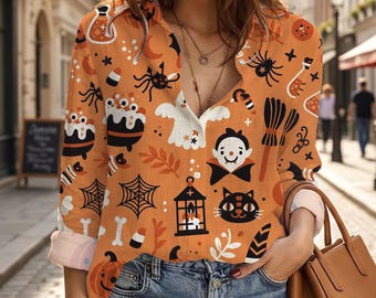 Halloween Button Down Shirt, Cute Spooky Season Pattern Top, Long Sleeve Halloween Shirt Women, Orange Pumpkin Ghost Blouse, Fall Clothes