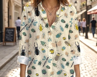 Entomology Insect Print Women Shirt, Vintage Bug Pattern Blouse, Dragonfly Beetle Long Sleeve Button Down, Nature Lover Top
